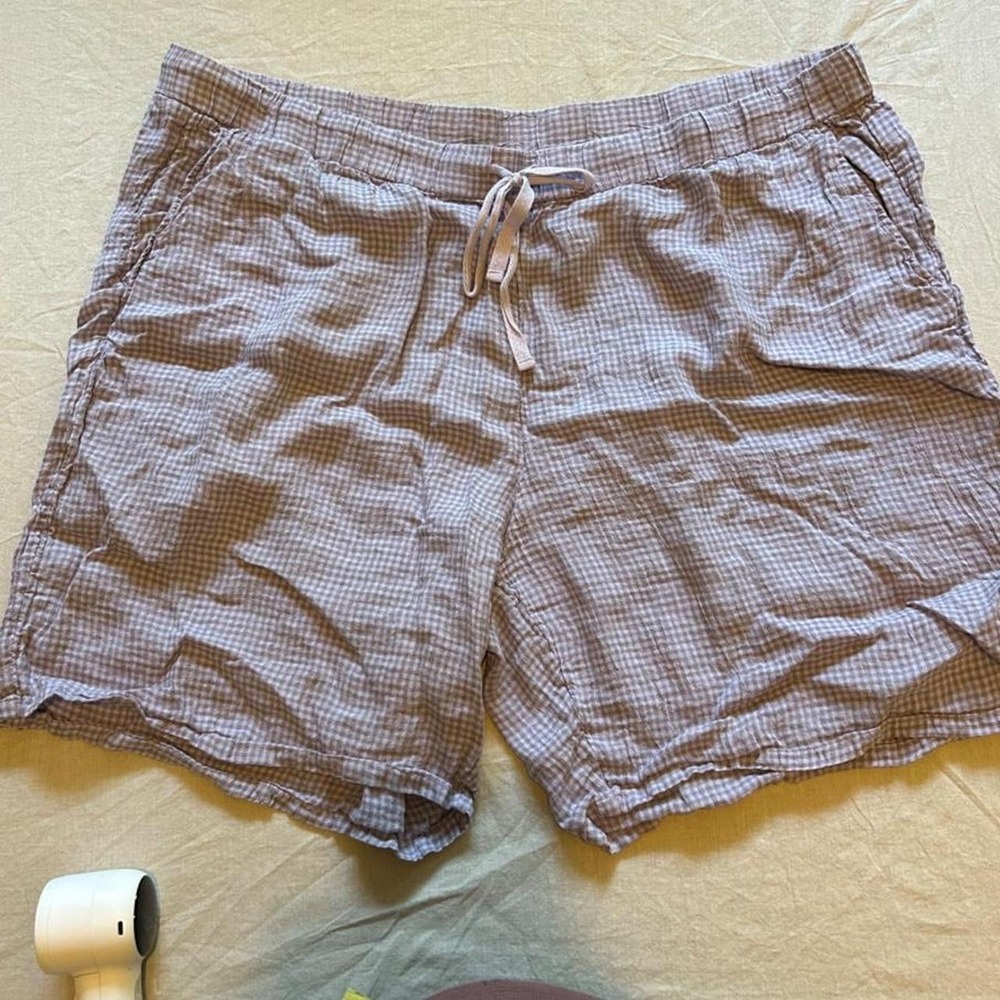Eileen Fisher white and purple gingham organic linen shorts
